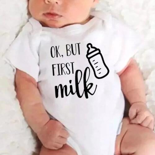 Ok but First Milk Funny Style Baby Onesies Newborn Boys Girls Bodysuit Short Sleeve Romper Infant Toddler Cute Cotton Outfits