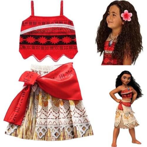 Kids Girl Princess Party Dress Moana Adventure Elsa Clothing Girls Dress Set with wig and Necklace baby Vaiana Cosplay Clothes