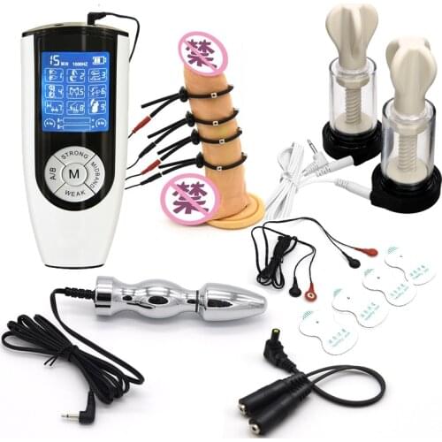 Dual Output Strong Electric Shock kit Electro Stimulation Anal Plug Cock Ring Nipple Sucker Clamps Medical Themed Couple Sex Toy