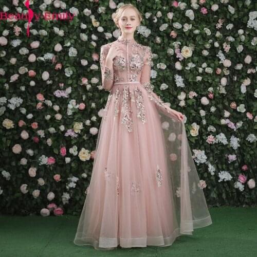 Elegant Dust Pink Floral Print Long Sleeve Evening Dress Charming Lace Up Back A-line Floor Length Party Gown with Buttons