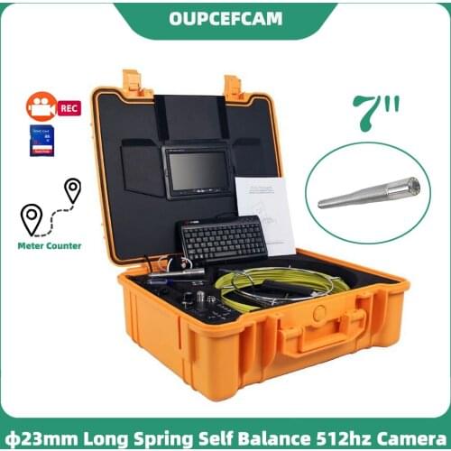 Φ23mm Long Spring Self Balance 512hz Camera Drain Sewer Pipe Inspection Endoscope 7" Screen DVR Keyboard Meter Counter 5mm Cable
