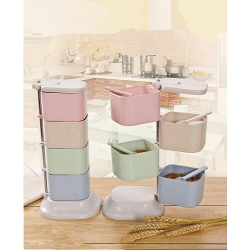 1PC Wheat Straw Seasoning Box Four Grid 360 Degree Rotary Vertical With Spoon Kitchen Stackable Food Container Spice Jar OK 0539