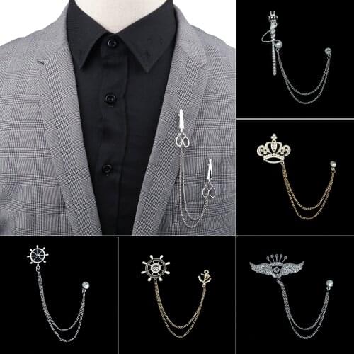 Man Brooch Cross Suit Tassel Chain Lapel Pin Suit Shirt Collar Brooch Badge Retro Pins Wedding Party Dance Neckwear Accessories