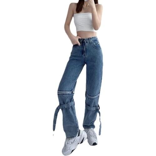 2021 new fashionable detachable zipper jeans female blue washed high waist high street personality strappy jeans