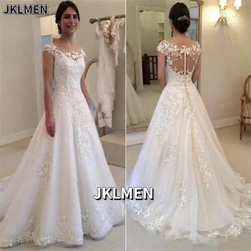 New Vestido de Noiva Cap Sleeves O-Neck A-Line Wedding Dress 2021 Illusio Through Zipper Button Back Bridal Gown robe de mariee