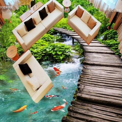 Beibehang papel de parede custom ground waterproof stickers 3D floor tiles stickers Nine fish and wooden bridge wallpaper mural