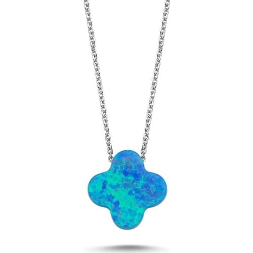 KUTAYDAN Blue Opal Clover Necklace 925 Sterling Silver