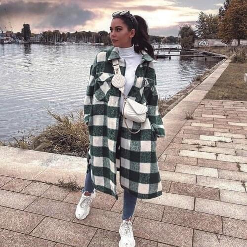 Ardm Elegant Winter Plaid Green Tweed Coat Women Full Sleeve Vintage With Pockets Thick Warm long Outerwear Tops