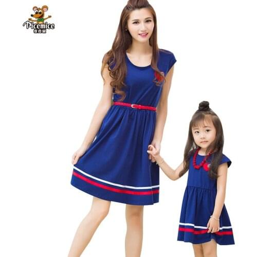 Mother Daughter Dresses 2020 Fashion Summer Mom and Daughter Dress with Belt and Necklace vestido Girl and Women Cotton Dresses