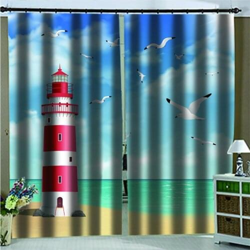 Custom Curtains Nature Seascape, lighthouse, seagull photo print 3d curtain Mediterranean Door curtain