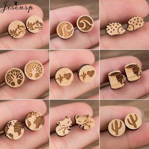 Jisensp Wood Women Earing Cute Animal Fox Stud Earring for Girls Kids Small World Map Earings Piercing Pendientes Boho brincos