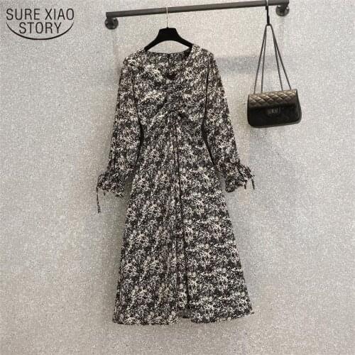 Plus Size 4XL Baggy Black Dress Chiffon Floral Dress Spring 2021 New Long Sleeve Fashion V-neck Femme Robe Vestidos bow 12933