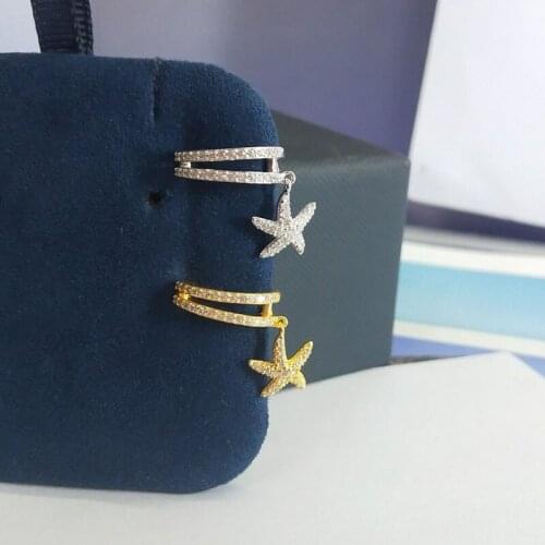 SOELLE Fashion Real 925 Sterling Silver Single Starfish Sliding Ear Cuff Cubic Zirconia Clip Earring 1pc for Women Brand Jewelry