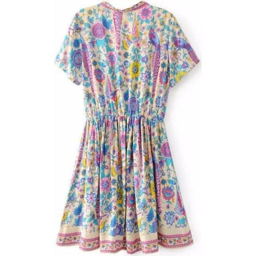 Vintage chic women peacock floral print deep V-neck Bohemian mini dress Ladies short sleeve Boho happie dresses vestidos