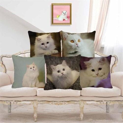 XUNYU Cute Pet Cat Cushion Cover White Long-haired Cat Linen Pillowcase Home Bedroom Sofa Decoration Throw Pillowcase C0098