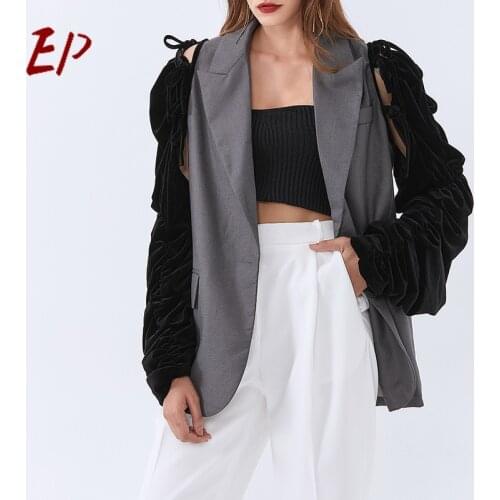 EP 2021 Fashion Spring New Black Long Sleeve Suit Jacket Splice Notched Single Breasted Casual Coat For Women