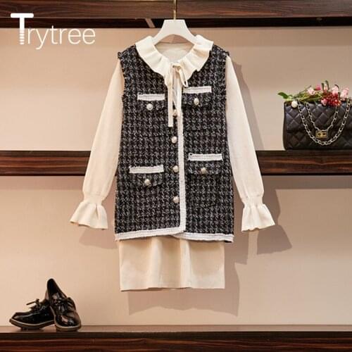 Trytree AW Women Casual Two piece set Single Breasted Coat + Knitted Dress Mid-Calf Peter pan Collar Office Lady 2 Piece Set