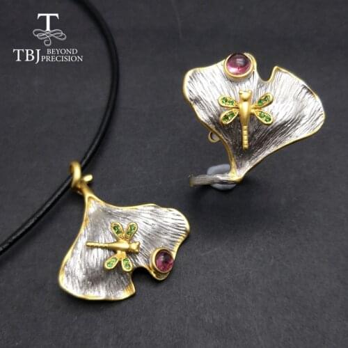 TBJ,natural pink tourmaline and tsavorite sets in 925 silver grey and yellow color best gift for women party wedding daily wear
