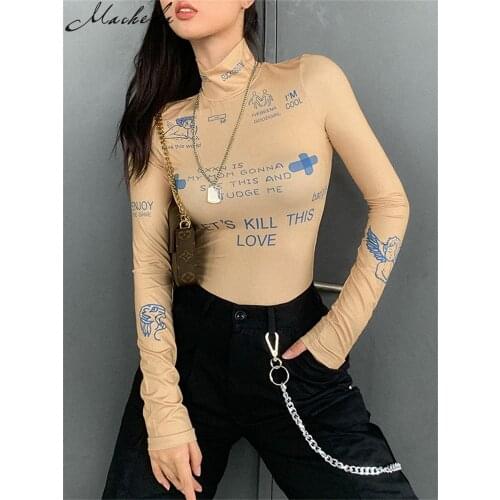Macheda Autumn Casual Printing Bodysuits Women Long Sleeve Turtleneck Fashion Skinny Clothing Street Lady Bodycon 2020 New