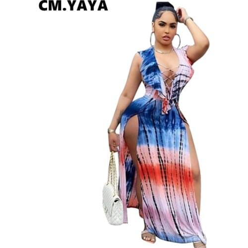 CM.YAYA Women Long Dress Print Sleeveless Drawstring Collar Splited Maxi Dresses Sexy Fashion Night Pary Vestidos Summer Outfits
