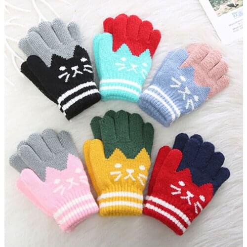 Winter Cartoon Children Gloves Cute Cat Kintted Kids Mittens Boy Girl Warm Outdoor Gloves Full Finger Gloves Baby Accessories