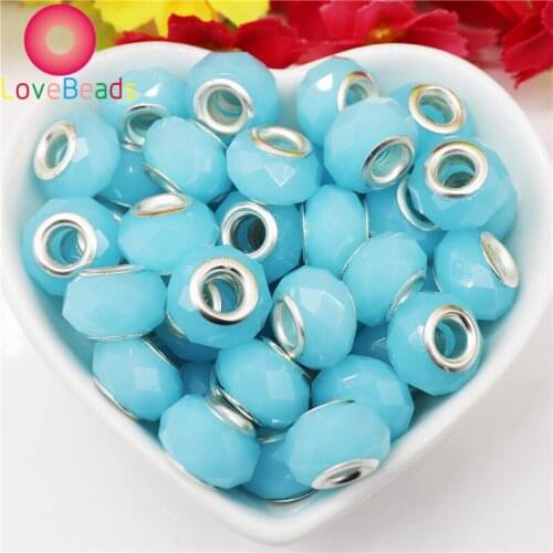 10 Pcs Blue Color Cut Faceted Jade Glass Large Hole European Spacer Beads Fit Pandora Charms Bracelet Snake Chain Women Jewelry