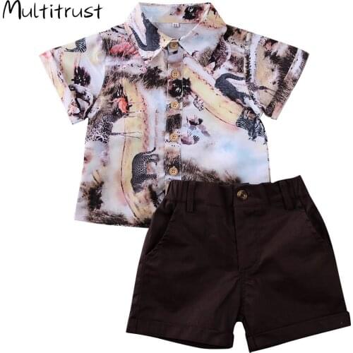 2020 Baby Summer Clothing Infant Kids Baby Boys 2Pcs Outfits Animals Print T Shirt Top + Solid Short Sunsuit Beachwear