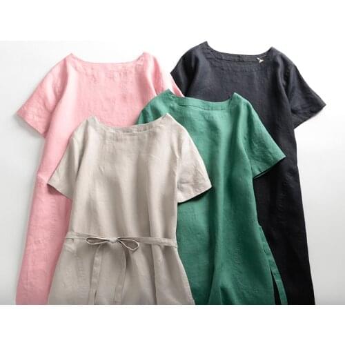 2021 summer linen short sleeve dress belt waist A-shaped new cotton linen womens dress 318