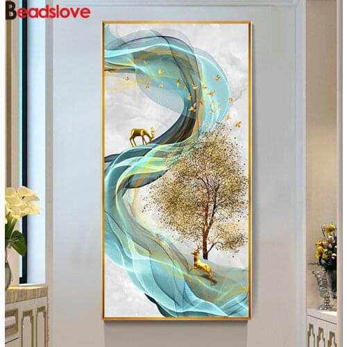 Large size 5D Round Diamond Painting European Fortune tree elk Full Square Drill Embroidery Mosaic Cross Stitch Handmade Gift