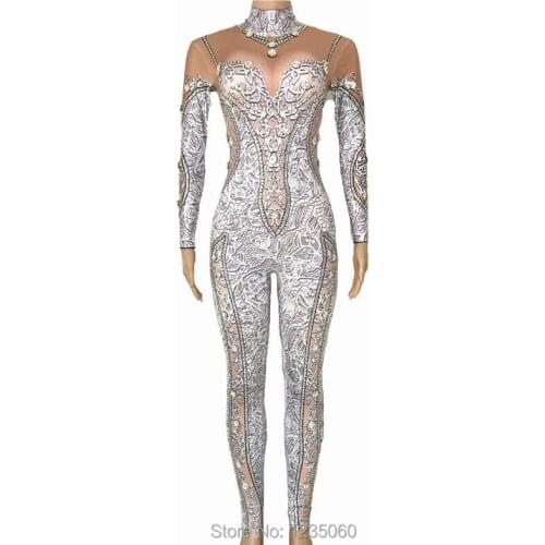 Sparkly Crystals Jumpsuit Sexy Stones Stretch Bodysuit Womens Stage Performance Celebrate luxurious Costume Dance Rompers