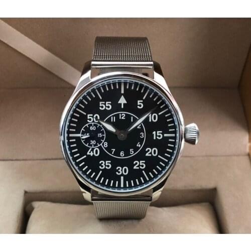 44mm black dial Asian 6497 17 jewels Mechanical Hand Wind movement mens watch green luminous Mechanical Wristwath PA192-P8