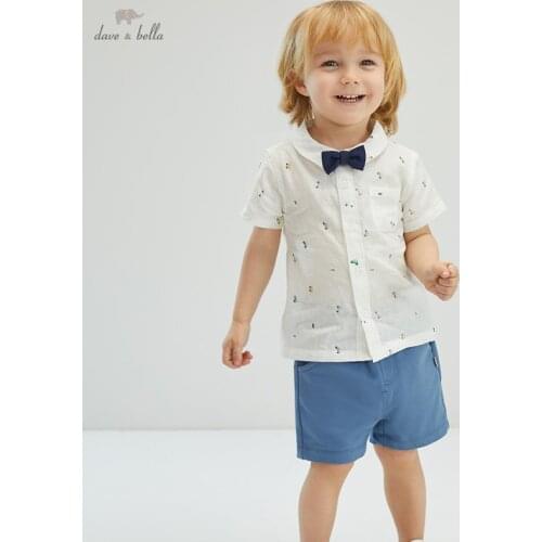 DBW17959 dave bella summer baby boys casual bow cartoon print clothing sets kids fashion short sleeve sets children 2 pcs suit