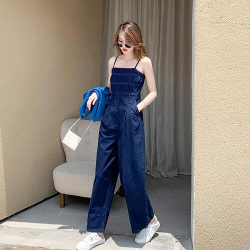 Denim suspenders jumpsuit retro high-waisted thin wide-leg trousers 2021 summer Korean fashion womens clothing