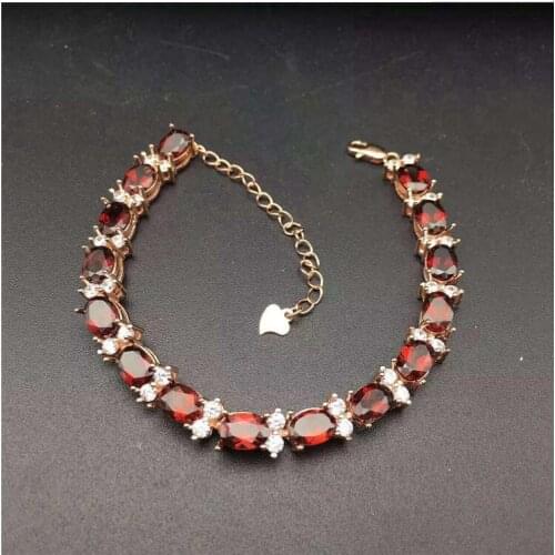 Garnet chain bracelet Free shipping Real natural red garnet 925 sterling silver Luxury bracelets Gem Size 5*7mm 15pcs