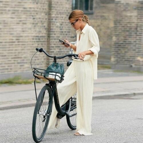 Two Piece Set Elegant Button Up Blouse Vintage Pleated Women Suit Autumn Long Sleeve Top And High Waist Wide Leg Loose Pants