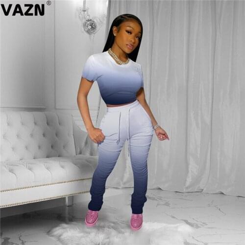 VAZN 2020 New Gradient Ramp O-neck Two Piece Set Cartoon Slim 2 Piece Set Women Short Sleeve Full Pant Summer Sets