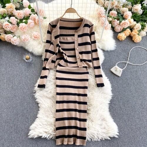 Korean Style Fall New Knitted Striped Long Sleeve Cardigan Crop Tops and Slim Spaghetti Strap Dress Suits Two Piece Sweater Sets