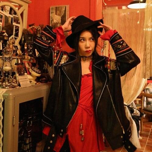 IRINAW255 2018 Autumn New Collection vintage embroidered sequined tassel black PU leather jacket women