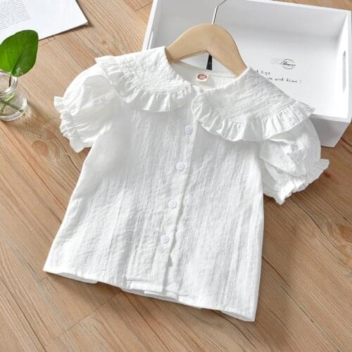 Girls Summer Shirt New Childrens Doll Collar Cardigan Shirt Cotton and Linen Short-sleeved Shirt Children Clothes