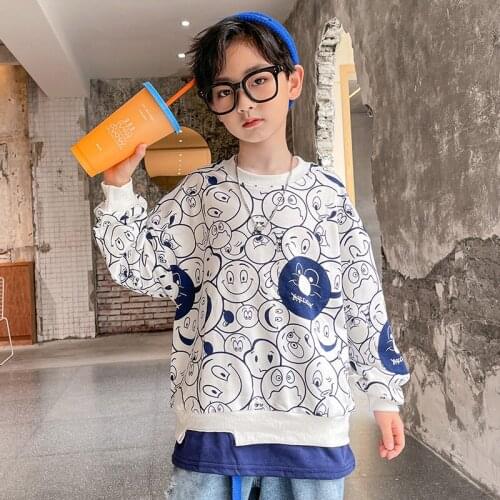 Boys Long Sleeve O-neck Pullover Boys Cotton Loose Sweatshirt Cartoon Smiley Printed Childrens Sweatshirt 3-14 Years Old Boys