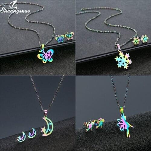 Shiny Rainbow Stainless Steel Jewelry Set Hollow out Snowflake Necklace Women Butterfly Clavicle Chain Necklaces Female Earrings