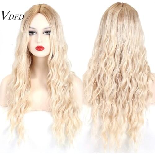 VDFD Ombre Light Golden Blonde Platinum Wig Synthetic Long Wavy Fake Hair Fashion Heat Resistant Fiber for Women Daily Use