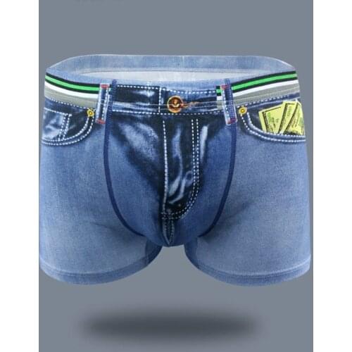 Hot Sales Men Funny Boxer Underwear Mens Elastic Waist Fake Denim Jeans Casual Fashion Male Pockets Underpants