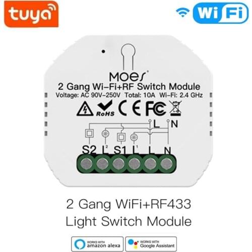WiFi+RF433 Tuya Smart Light Switch Module 2Gang 2way Breaker Module Smart Life APP Remote Control Work with Alexa Google Home
