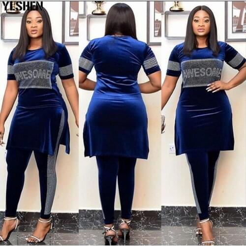 Velvet African Dresses for Women 2 Piece Set Dashiki Diamonds Dress Pants African Clothes Bazin Riche Famous Suit Vetement Femme