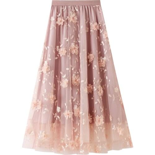 Fashion Tutu Tulle Skirt Women Long Maxi Skirt 2020 Korean Cute High Waist Flower Embroidery Skirt Female School Sun spodnica