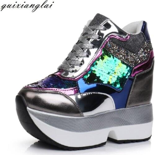 Increased womens shoes 2019 new wild wedge with fashion sequins thick-soled platform casual sports shoes women
