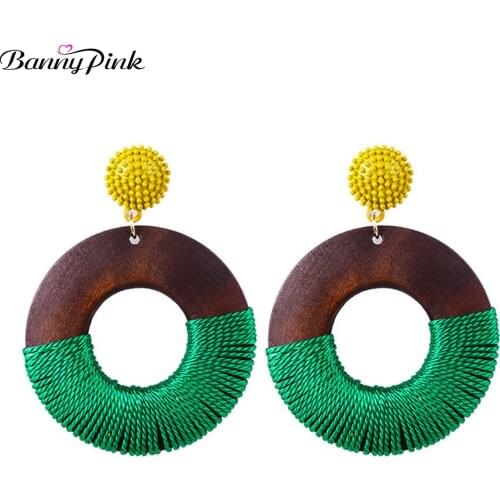 Banny Pink Bohemia Wooden Pendant Earrings For Women Handmade Thread Twining Dangle Earrings 7 Colors Geo Statement Drop Earring