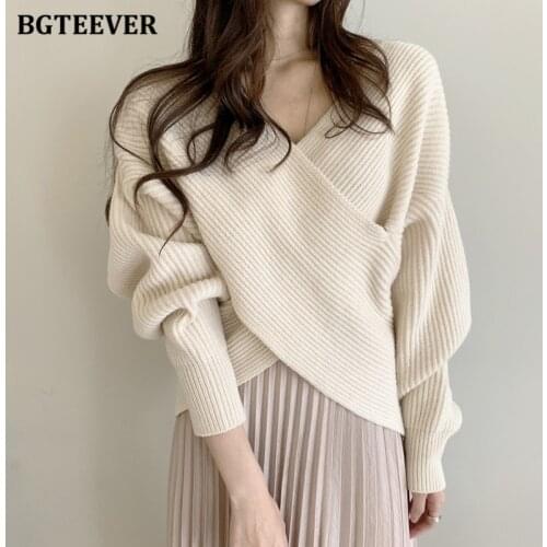 BGTEEVER Chic Elegant V-neck Long Sleeve Criss-Cross Female Knitted Jumpers Autumn Winter Loose Casual Pullover Sweaters Femme