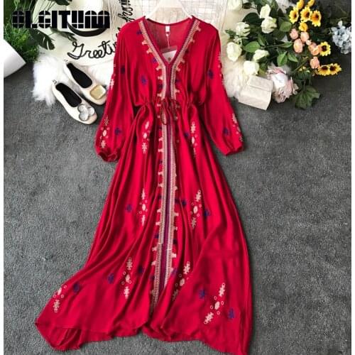 Red Boho Cotton Linen Dress Female 2020 Summer Embroidered V-neck Beach Dress Long A-line High Waist Vestidos for Holiday
